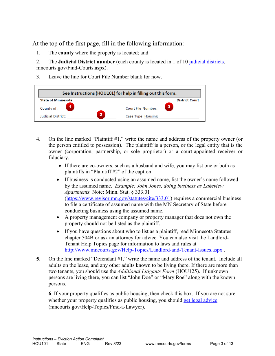 Form HOU101 Instructions - Eviction Action Complaint - Minnesota, Page 3