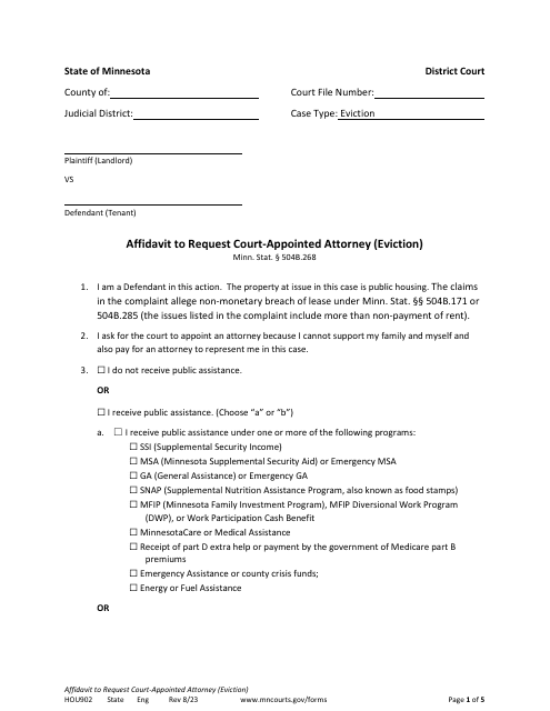 Form HOU902 Affidavit to Request Court-Appointed Attorney (Eviction) - Minnesota