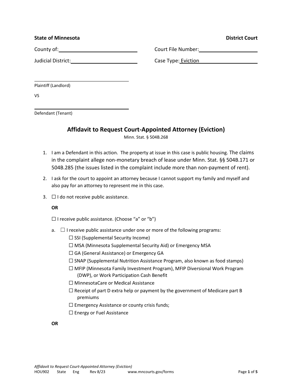 Form HOU902 Affidavit to Request Court-Appointed Attorney (Eviction) - Minnesota, Page 1