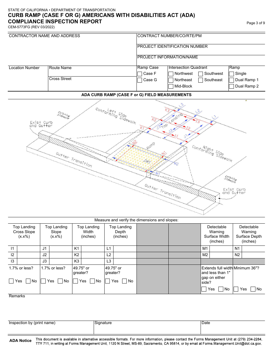 Form CEM-5773FG Curb Ramp (Case F or G) Americans With Disabilities Act (Ada) Compliance Inspection Report - California, Page 3