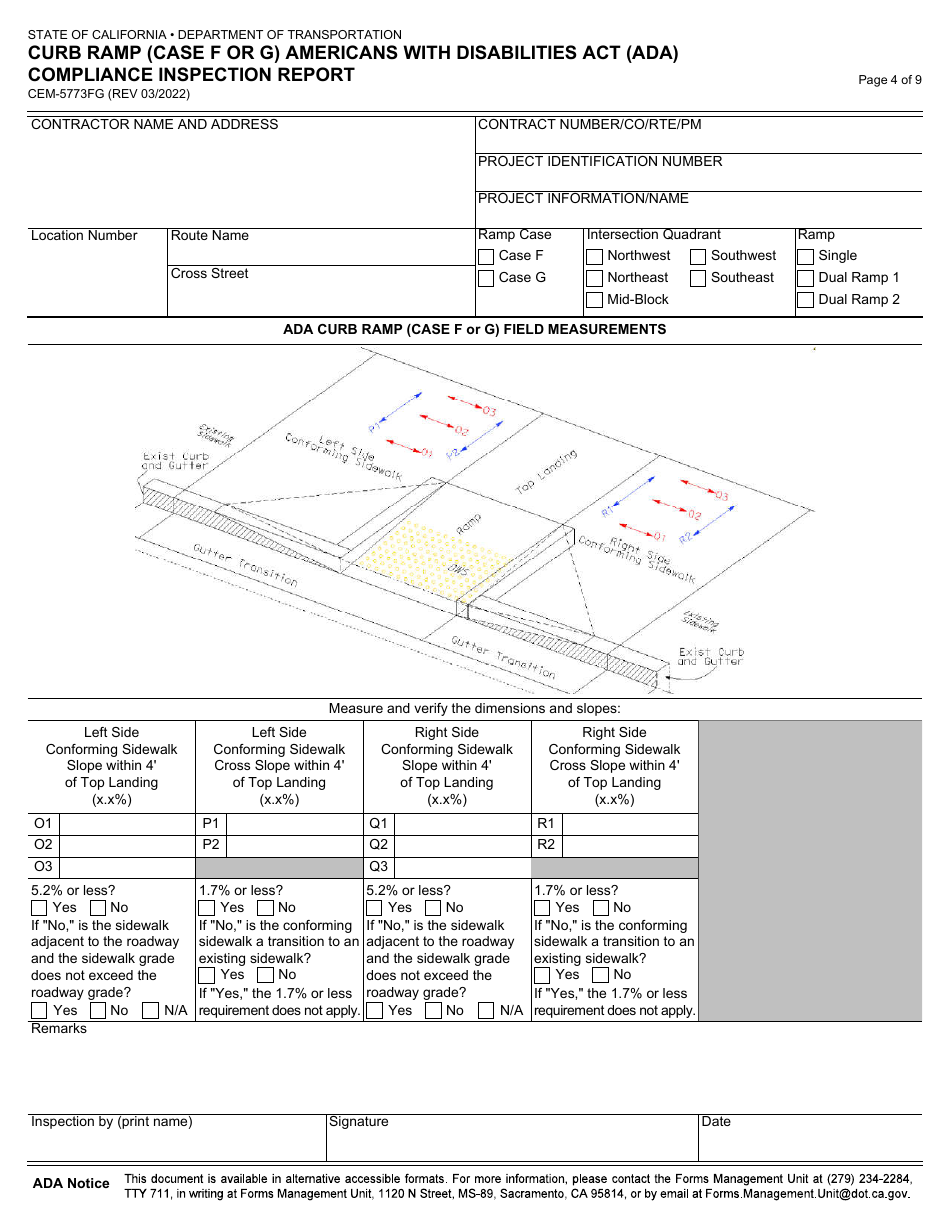Form CEM-5773FG Curb Ramp (Case F or G) Americans With Disabilities Act (Ada) Compliance Inspection Report - California, Page 4