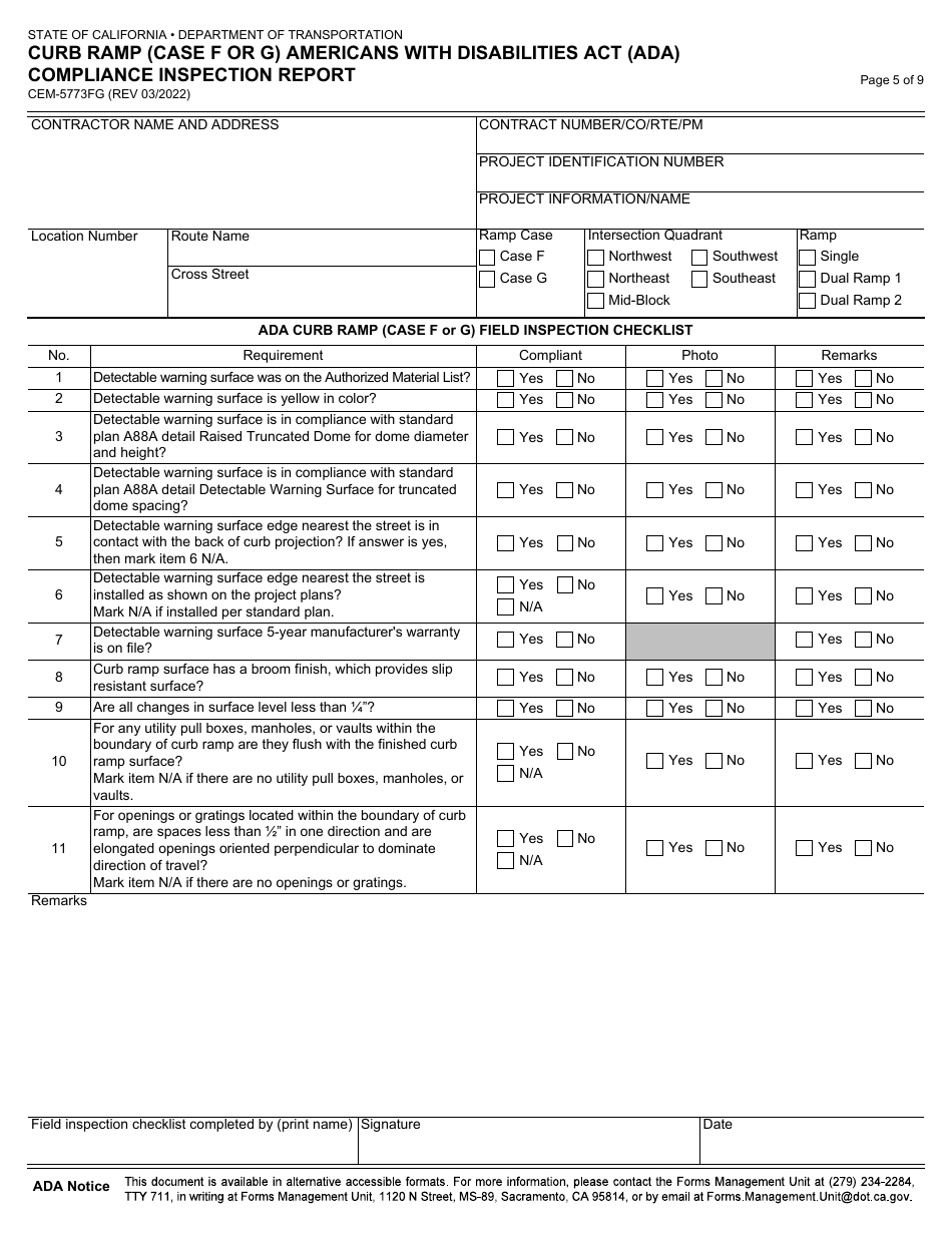Form CEM-5773FG Curb Ramp (Case F or G) Americans With Disabilities Act (Ada) Compliance Inspection Report - California, Page 5