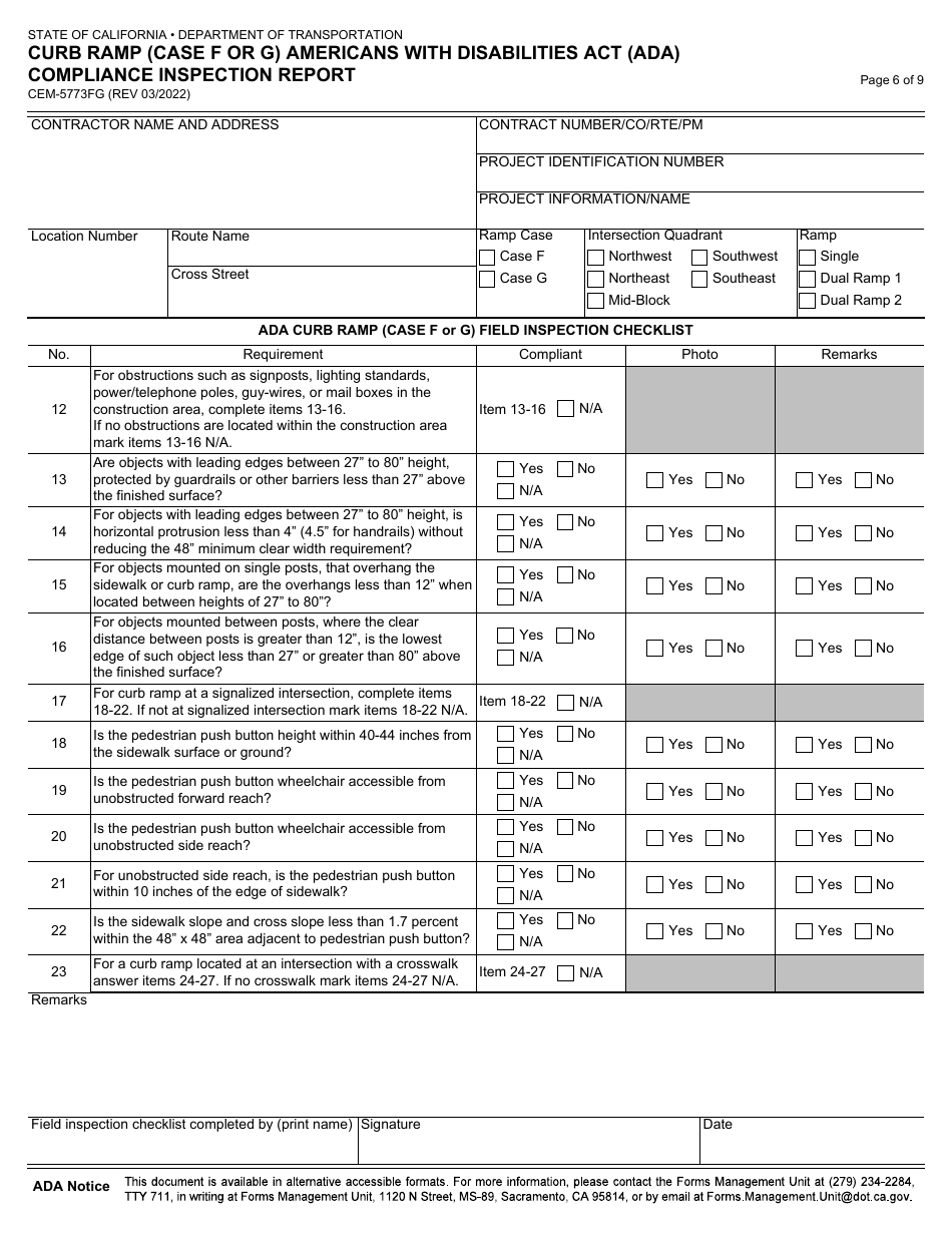 Form CEM-5773FG Curb Ramp (Case F or G) Americans With Disabilities Act (Ada) Compliance Inspection Report - California, Page 6