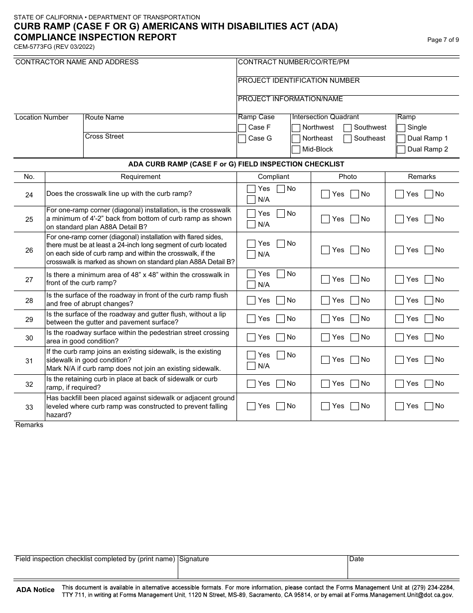 Form CEM-5773FG Curb Ramp (Case F or G) Americans With Disabilities Act (Ada) Compliance Inspection Report - California, Page 7