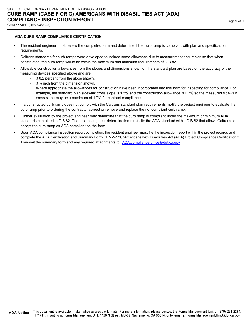 Form CEM-5773FG Curb Ramp (Case F or G) Americans With Disabilities Act (Ada) Compliance Inspection Report - California, Page 9