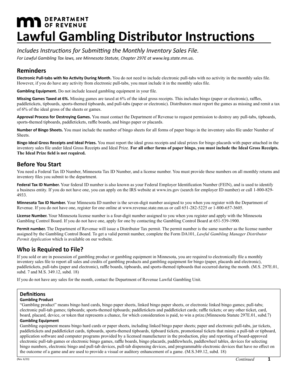 Instructions for Form DA101 Lawful Gambling Distributor Permit Application - Minnesota, Page 1