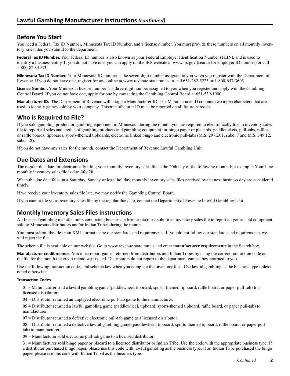 Instructions for Form G1 Lawful Gambling Monthly Tax Return - Minnesota, Page 2
