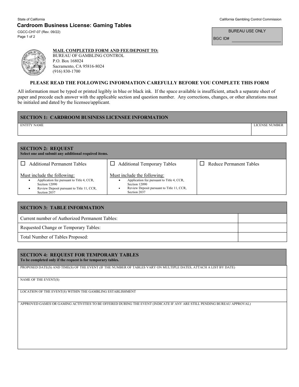 Form CGCC-CH7-07 Cardroom Business License: Gaming Tables - California, Page 1