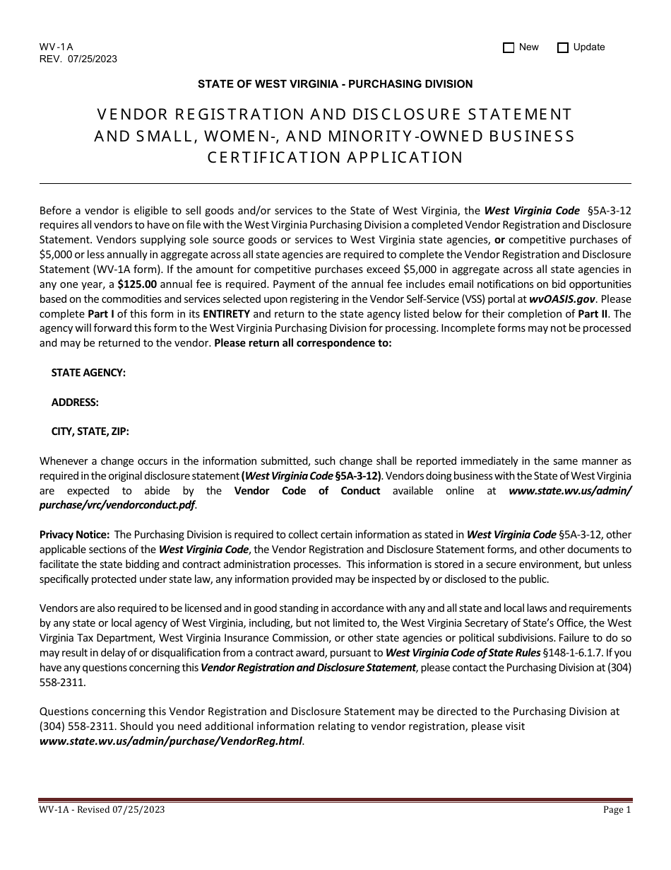 Form WV-1A Vendor Registration and Disclosure Statement and Small, Women-, and Minority-Owned Business Certification Application - West Virginia, Page 1
