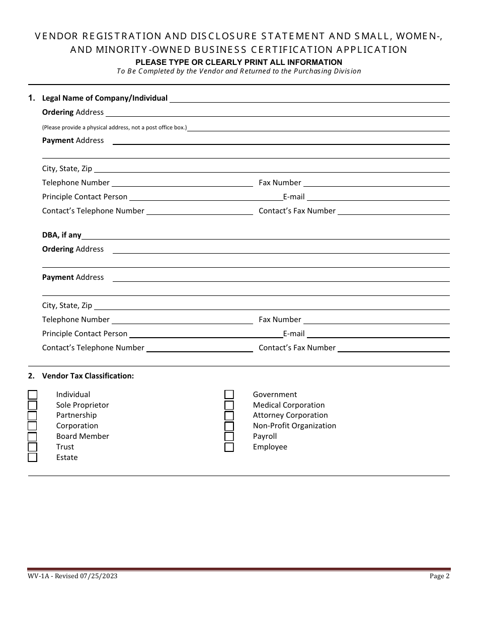 Form WV-1A Vendor Registration and Disclosure Statement and Small, Women-, and Minority-Owned Business Certification Application - West Virginia, Page 2