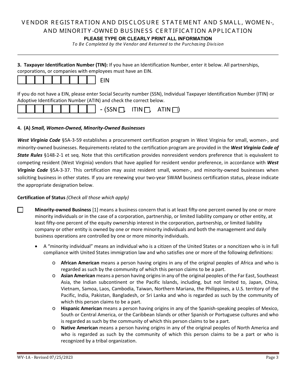 Form WV-1A Vendor Registration and Disclosure Statement and Small, Women-, and Minority-Owned Business Certification Application - West Virginia, Page 3
