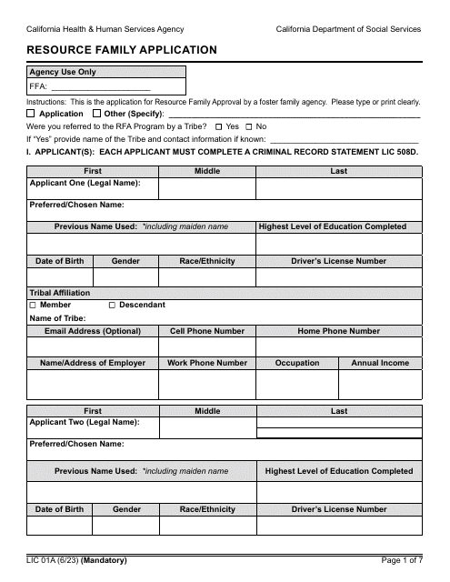 Form LIC01A Resource Family Application - California