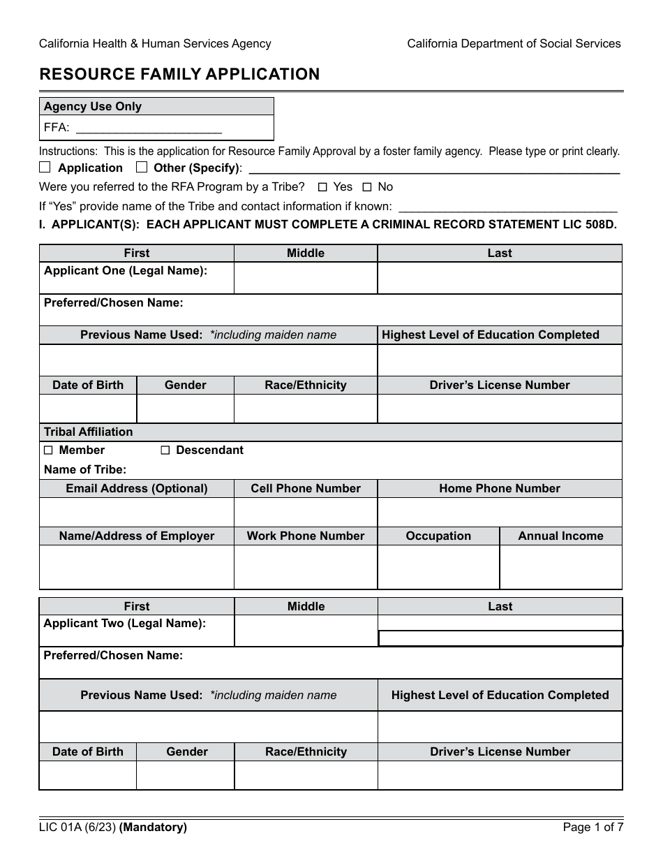 Form LIC01A Resource Family Application - California, Page 1