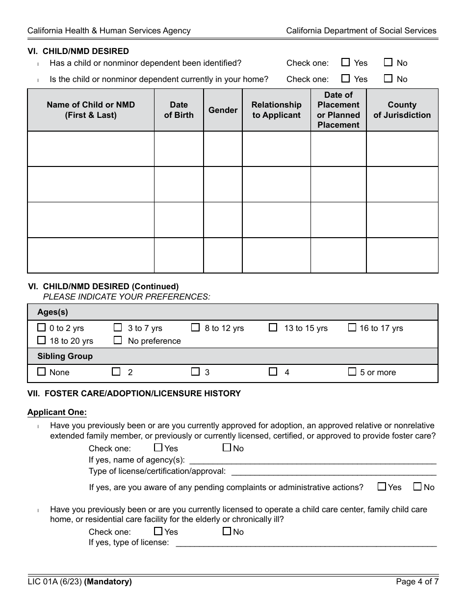 Form LIC01A Resource Family Application - California, Page 4