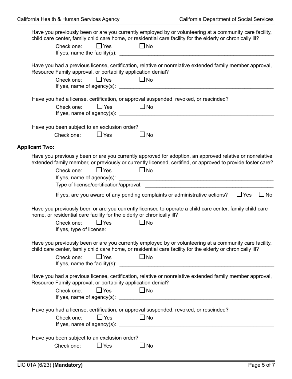 Form LIC01A Resource Family Application - California, Page 5