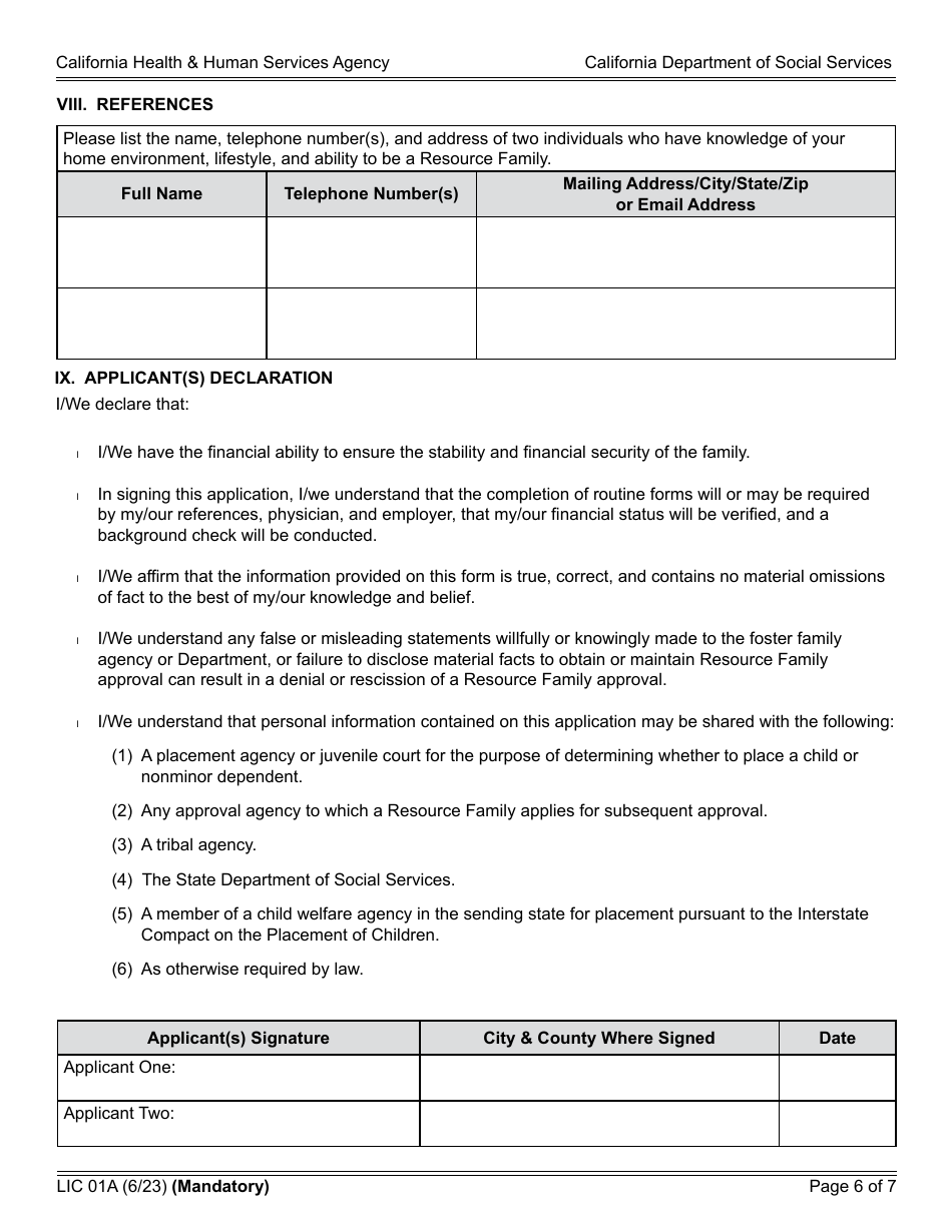Form LIC01A Resource Family Application - California, Page 6