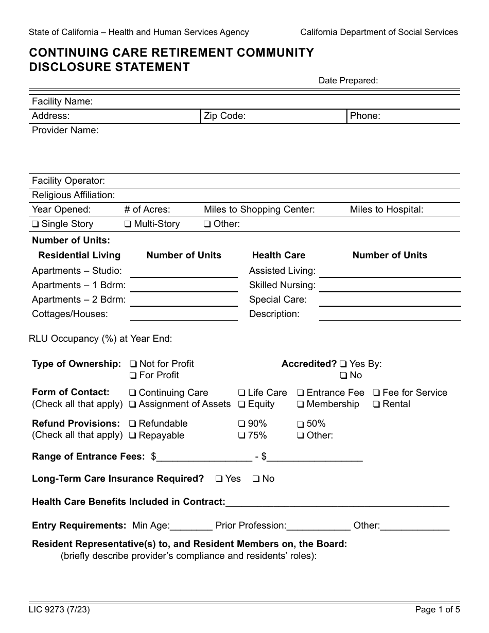 Form LIC9273 Continuing Care Retirement Community Disclosure Statement - California, Page 1