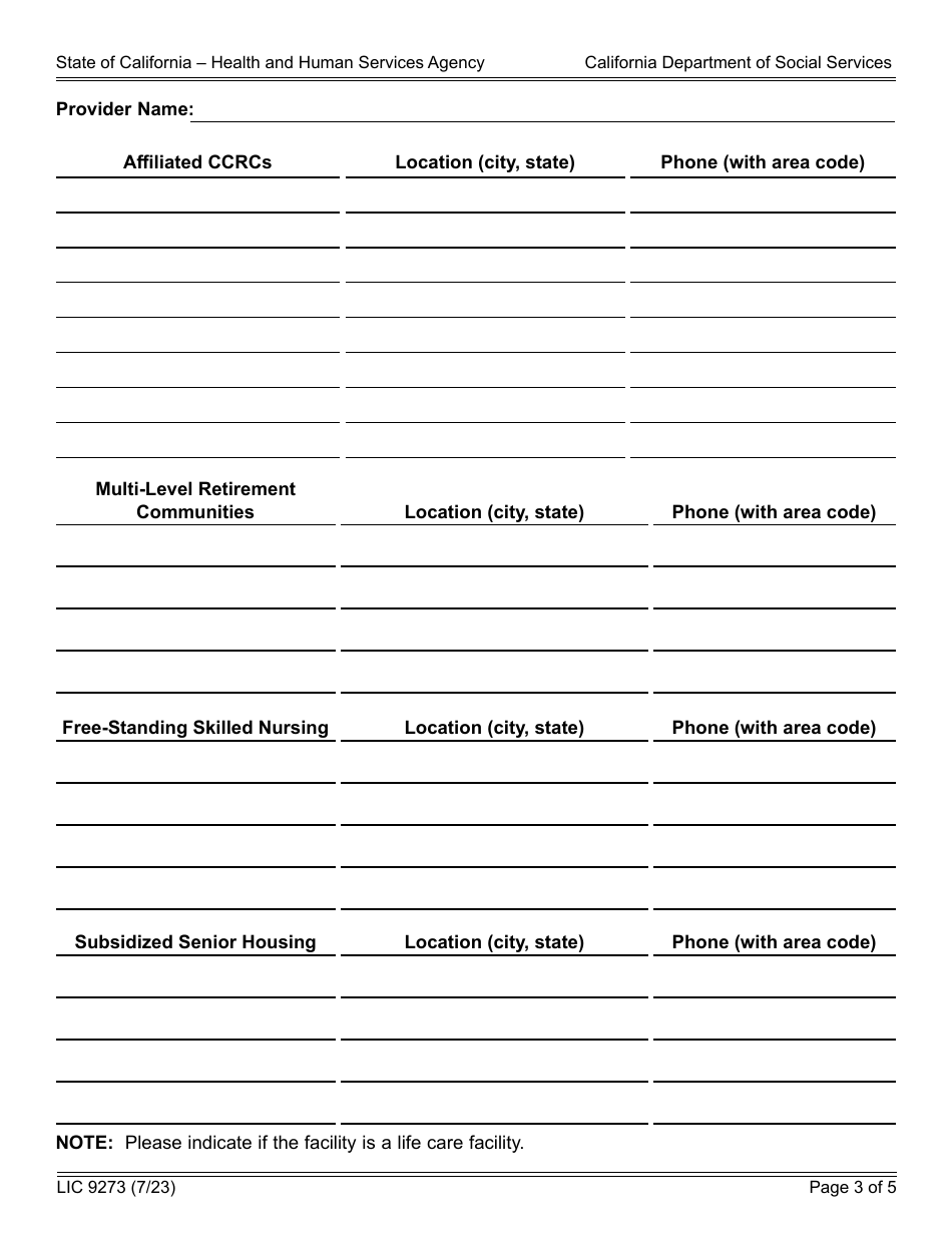 Form LIC9273 Continuing Care Retirement Community Disclosure Statement - California, Page 3
