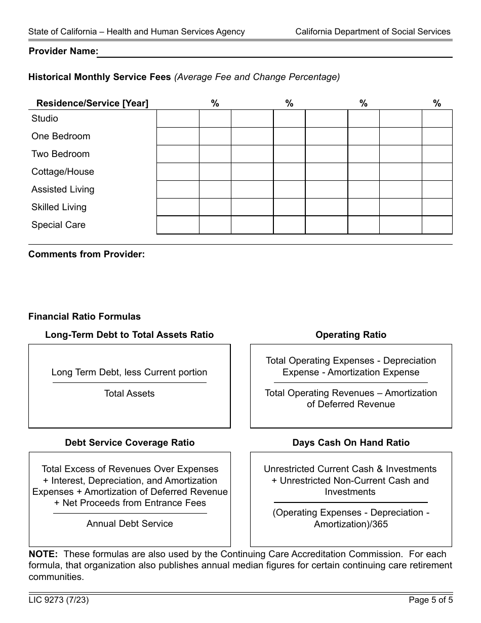 Form LIC9273 Continuing Care Retirement Community Disclosure Statement - California, Page 5