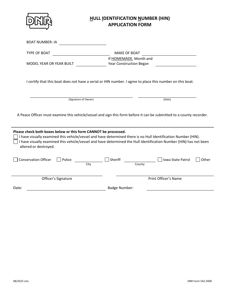 DNR Form 542-2000 Hull Identification Number (Hin) Application Form - Iowa, Page 1