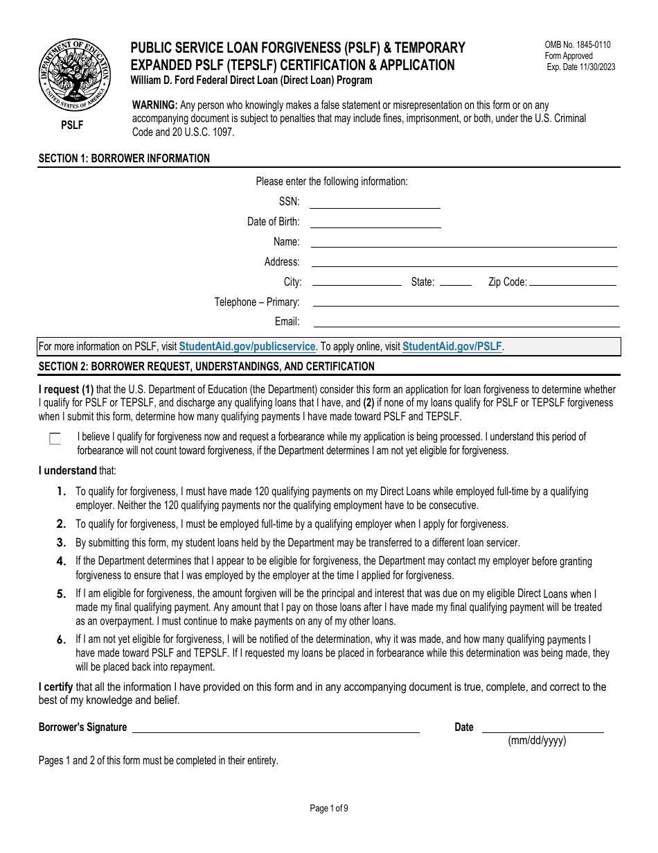 Public Service Loan Forgiveness (Pslf)  Temporary Expanded Pslf (Tepslf) Certification  Application, Page 1