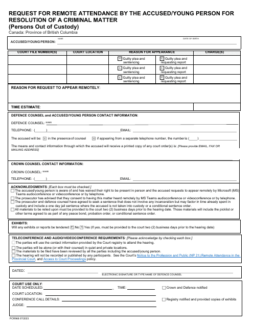 Form PCR968 Request for Remote Attendance by the Accused/Young Person for Resolution of a Criminal Matter (Persons out of Custody) - British Columbia, Canada