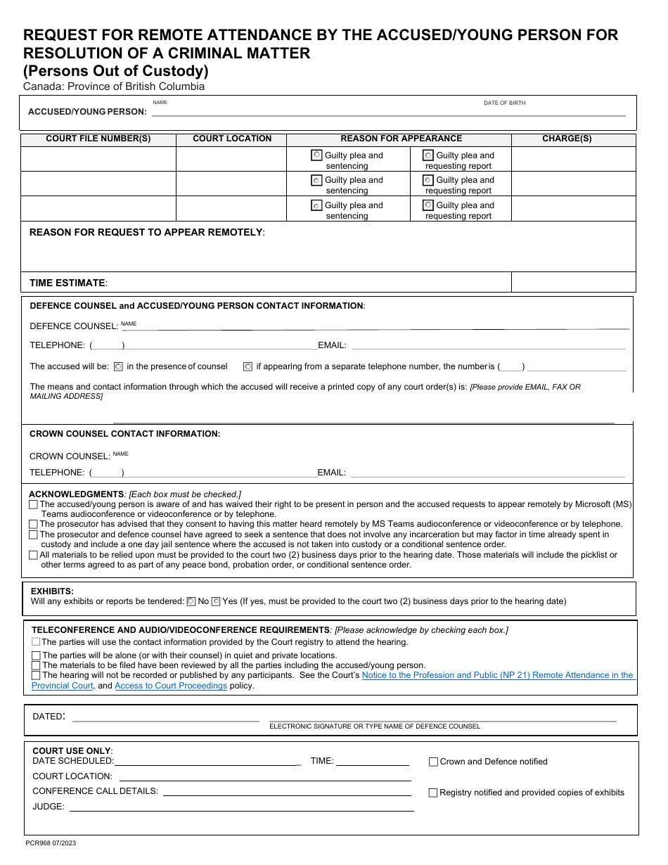 Form PCR968 Request for Remote Attendance by the Accused / Young Person for Resolution of a Criminal Matter (Persons out of Custody) - British Columbia, Canada, Page 1