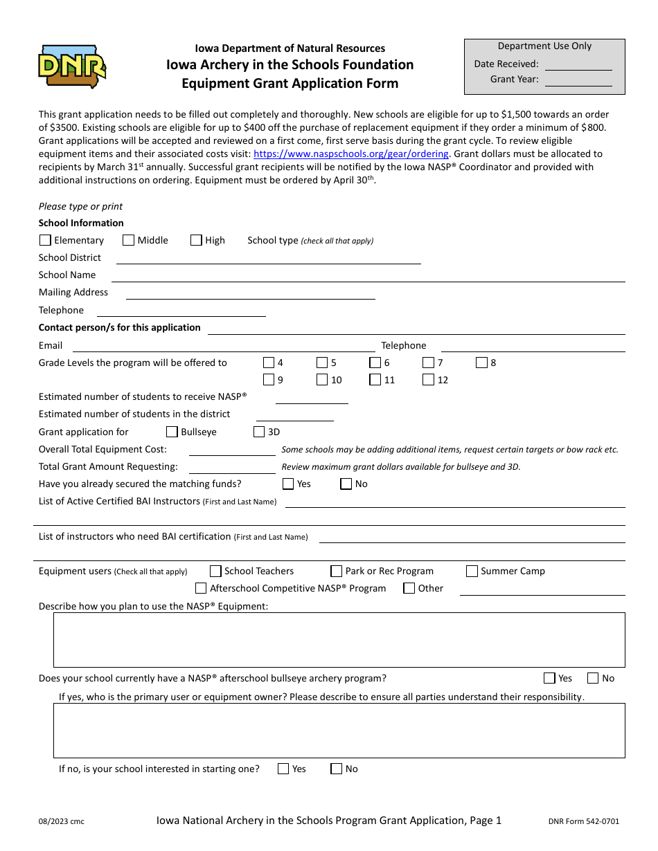 DNR Form 5420701 Download Fillable PDF or Fill Online Equipment Grant