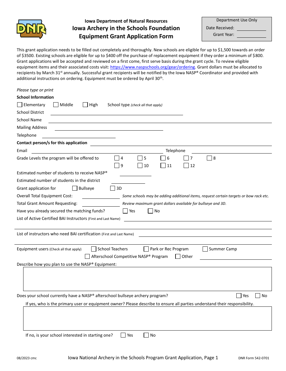 DNR Form 542-0701 Equipment Grant Application Form - Iowa Archery in the Schools Foundation - Iowa, Page 1