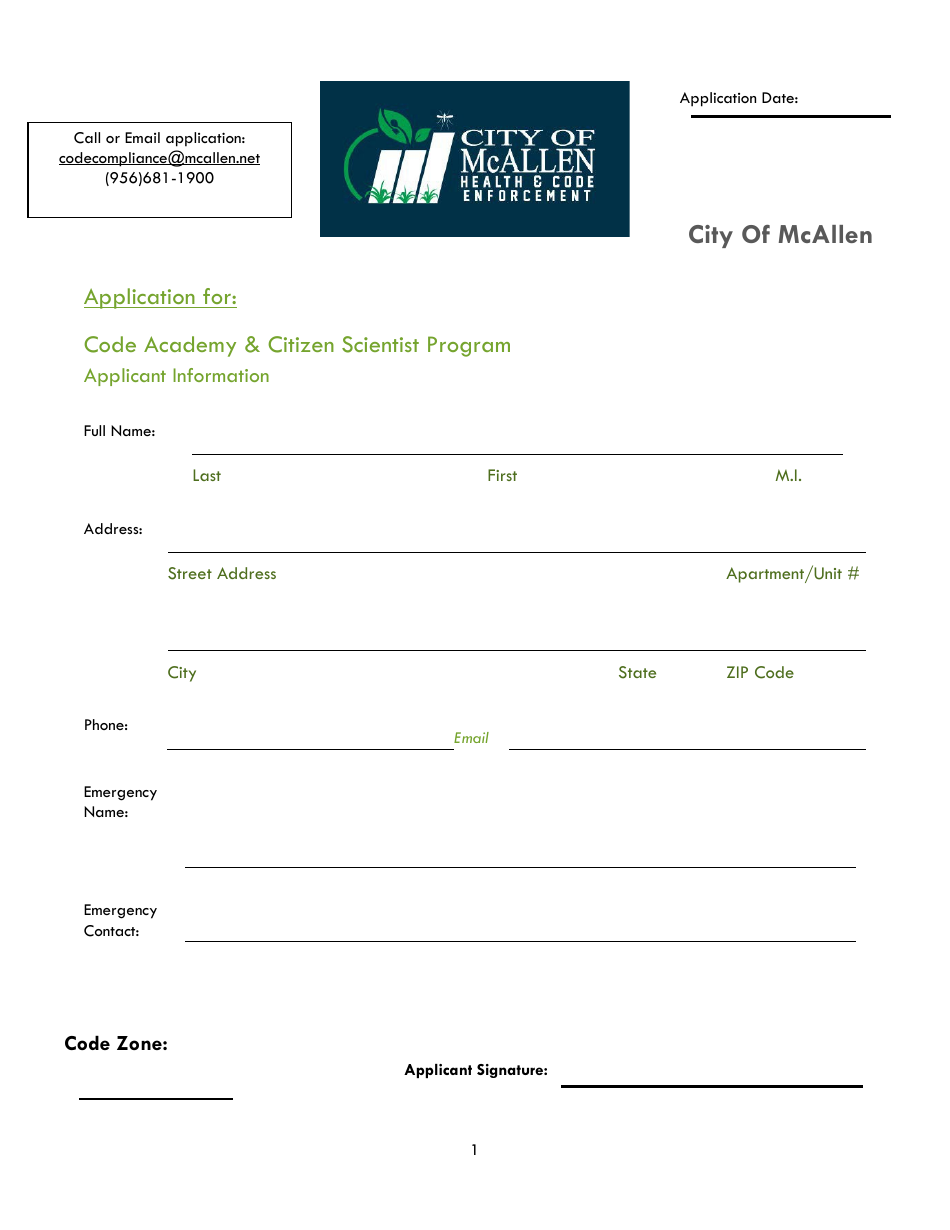 Application for Code Academy  Citizen Scientist Program - City Of McAllen, Texas, Page 1