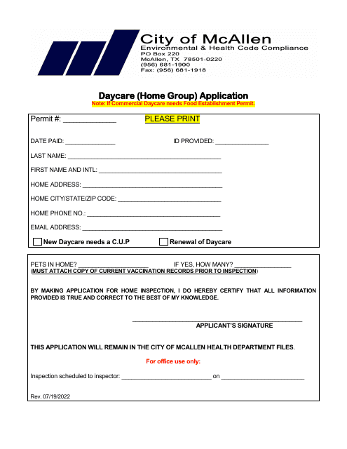 Daycare (Home Group) Application - City of McAllen, Texas Download Pdf