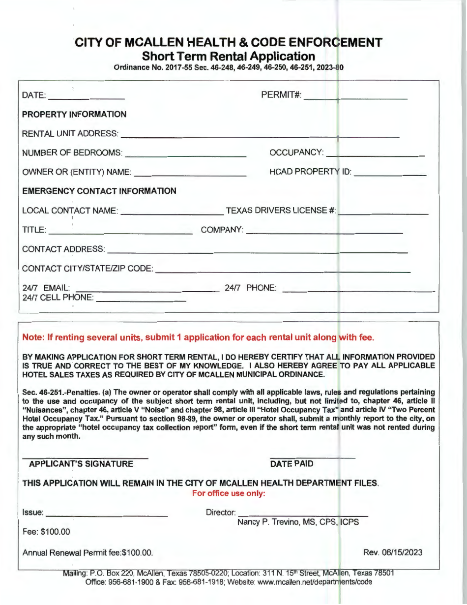 City Of Mcallen Texas Short Term Rental Application Download Printable Pdf 2019 — 2024