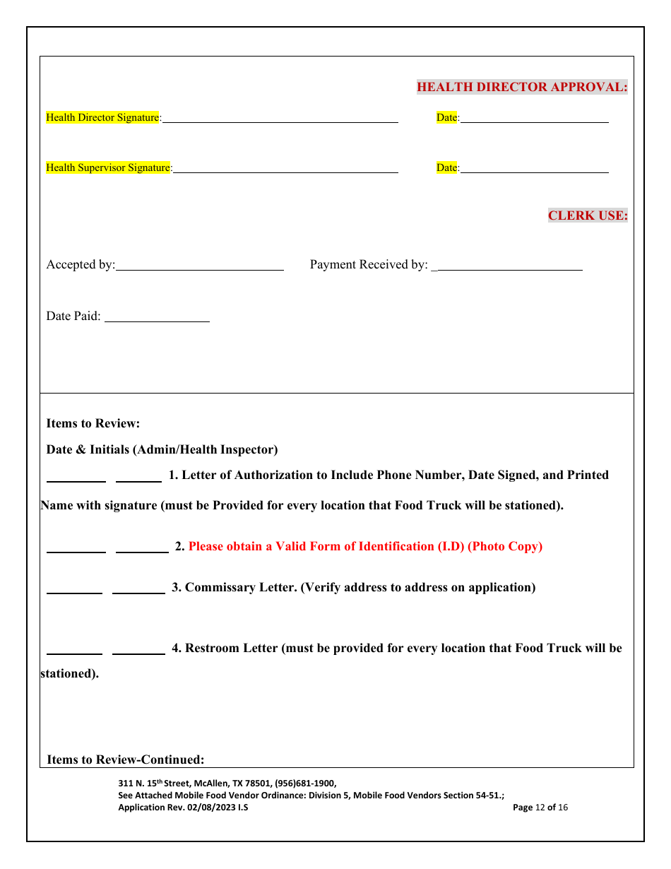 Application for Mobile Food Vendor - food Trailers / Trucks - City of McAllen, Texas, Page 12