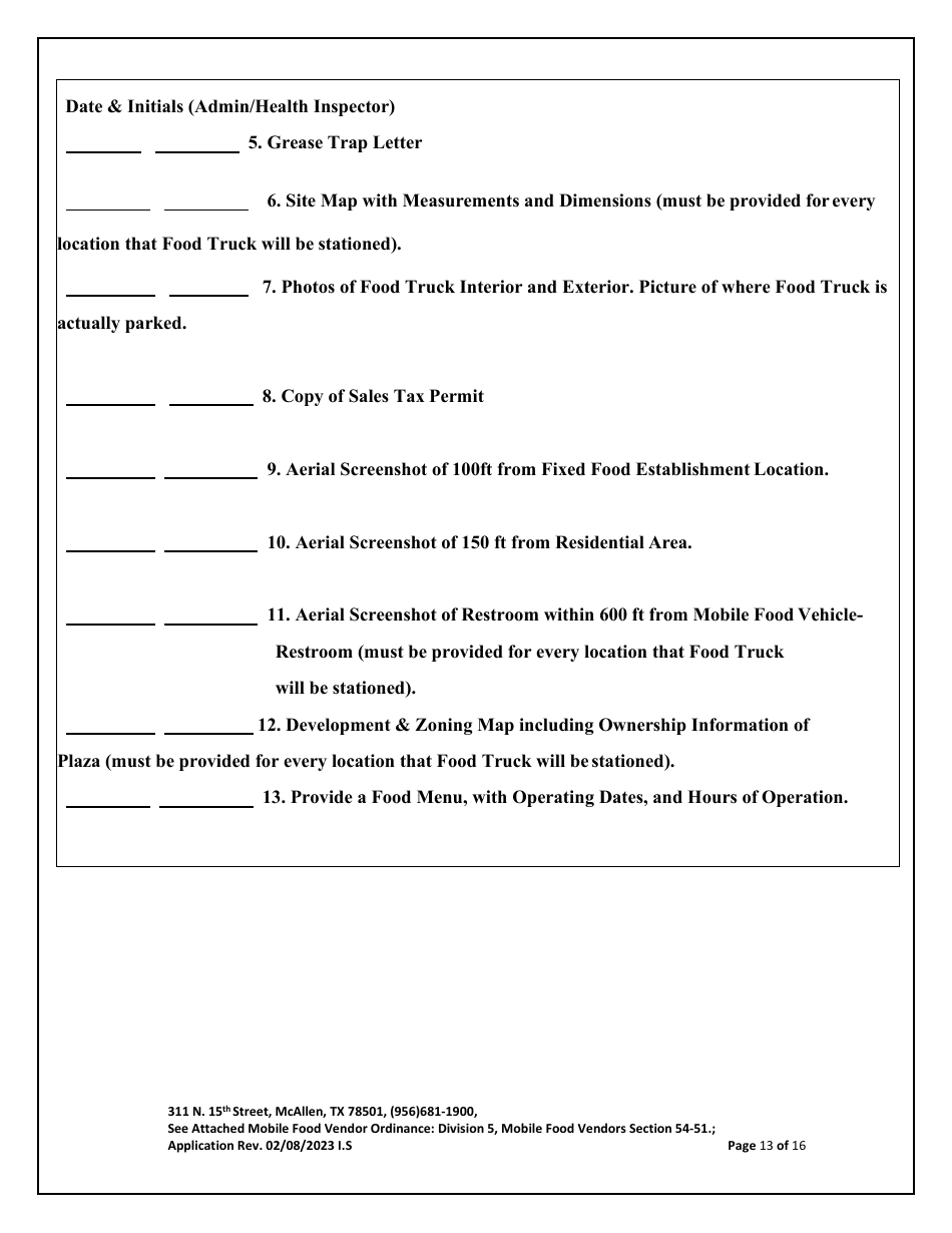 Application for Mobile Food Vendor - food Trailers / Trucks - City of McAllen, Texas, Page 13