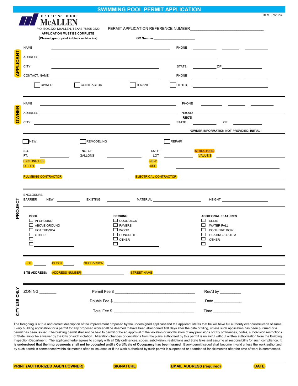 Swimming Pool Permit Application - City of McAllen, Texas, Page 1