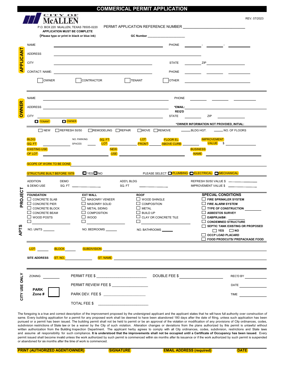 Commerical Permit Application - City of McAllen, Texas, Page 1