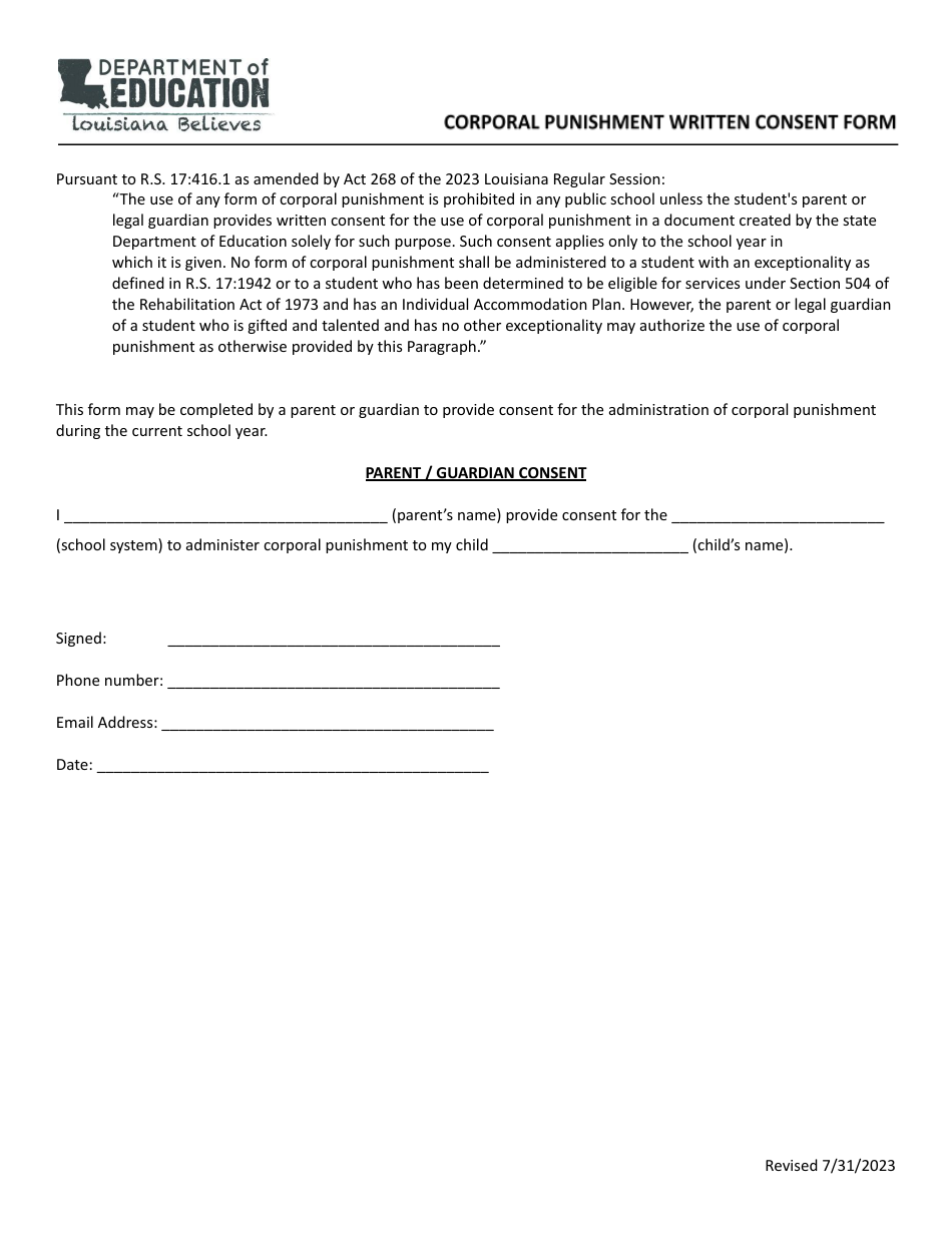 Corporal Punishment Written Consent Form - Louisiana, Page 1