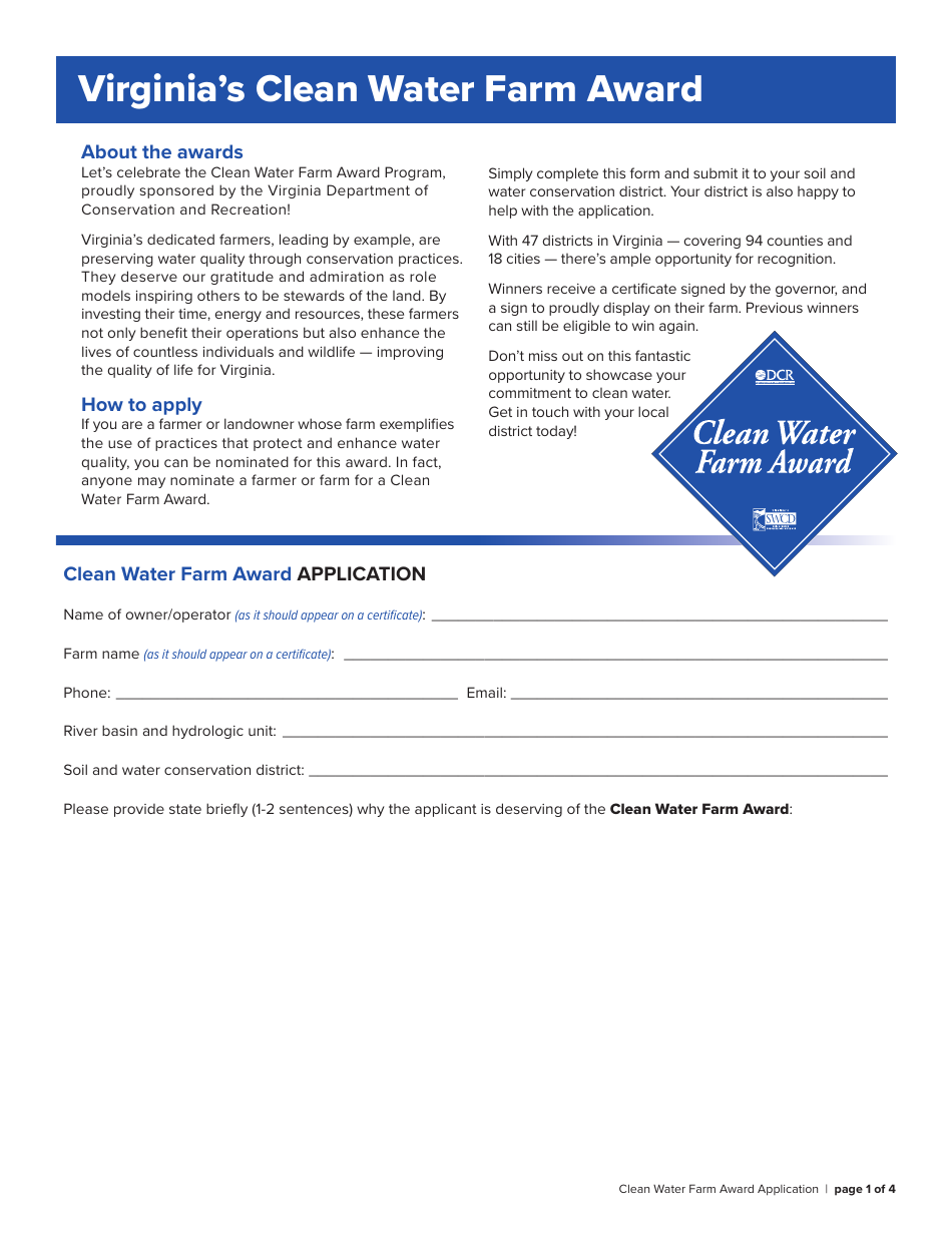 Form DCR199-007 Clean Water Farm Award Application - Virginia, Page 1
