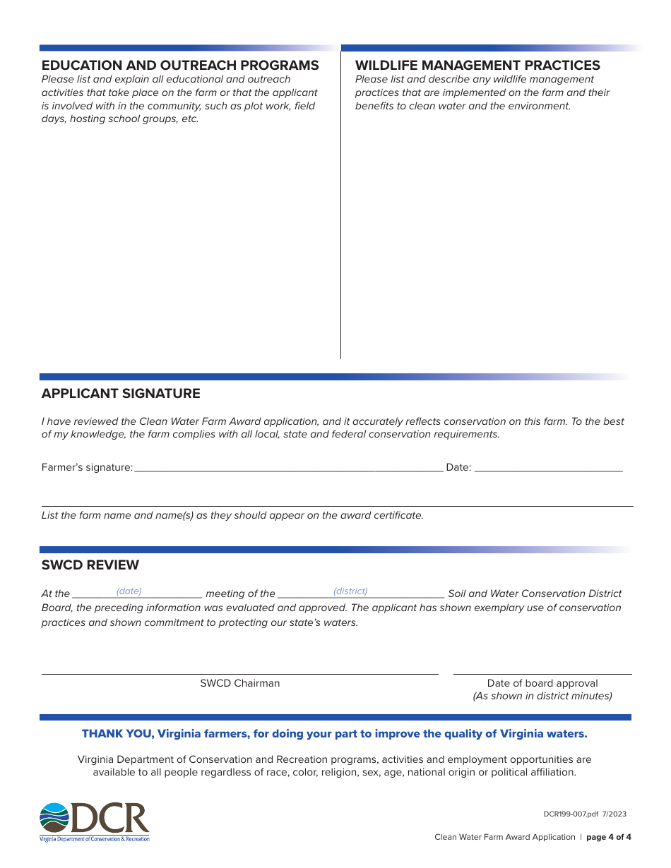 Form DCR199-007 Clean Water Farm Award Application - Virginia, Page 4