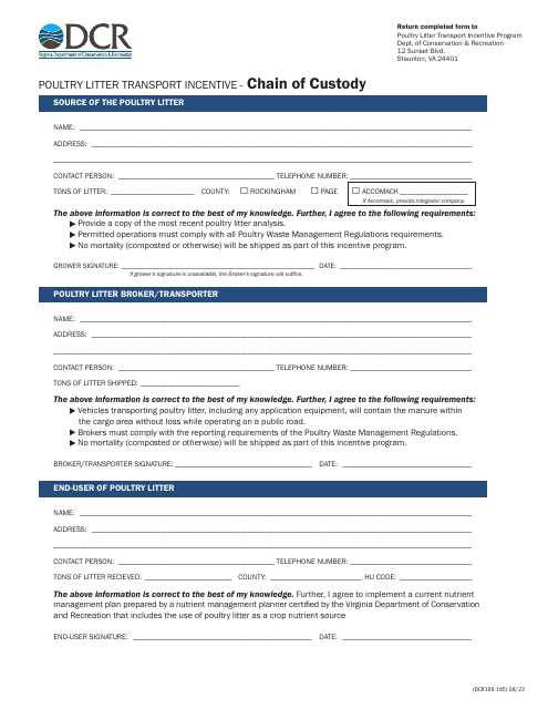 Form DCR199-185 Poultry Litter Transport Incentive - Chain of Custody - Virginia