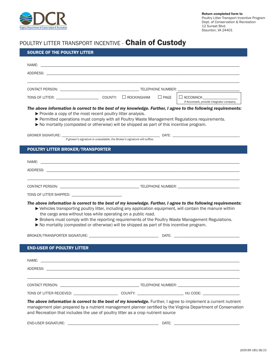 Form DCR199-185 Poultry Litter Transport Incentive - Chain of Custody - Virginia, Page 1