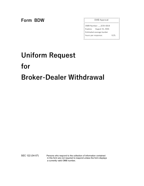 Form BDW (SEC Form 122)  Printable Pdf
