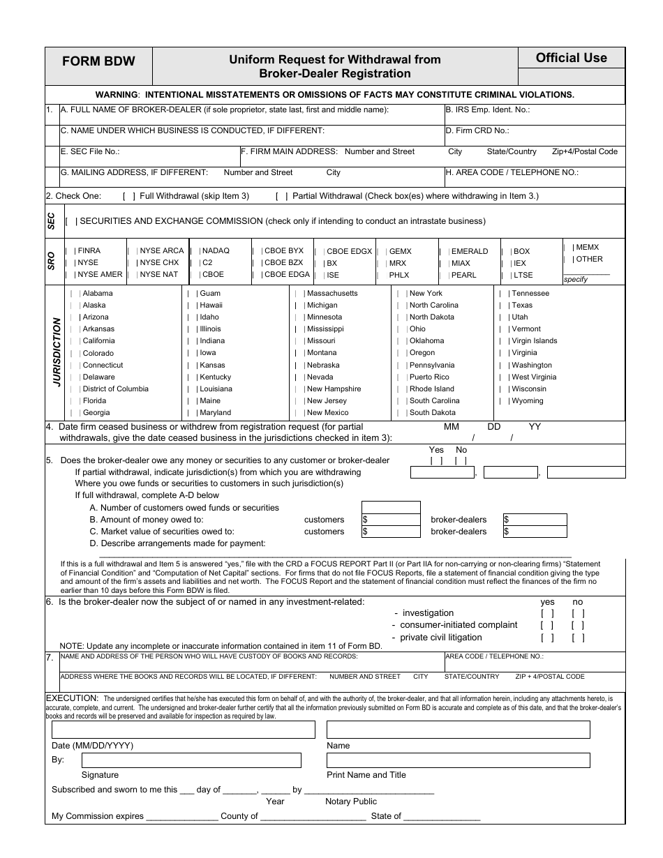Form BDW (SEC Form 122) Uniform Request for Broker-Dealer Withdrawal, Page 3
