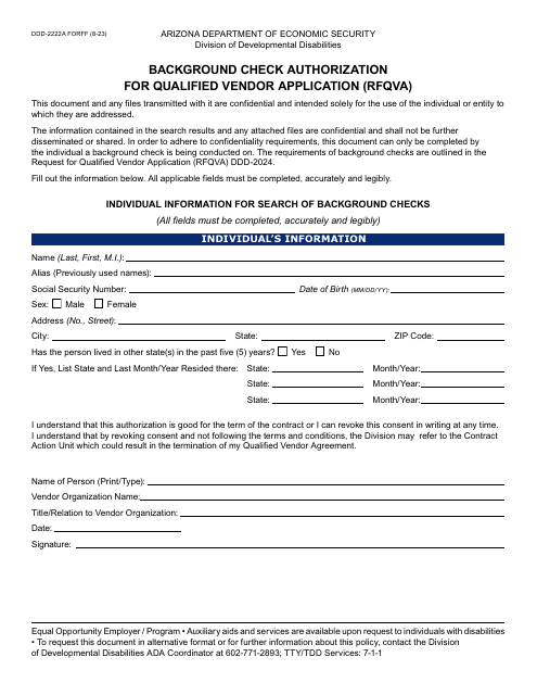 Form DDD-2222A Background Check Authorization for Qualified Vendor Application (Rfqva) - Arizona
