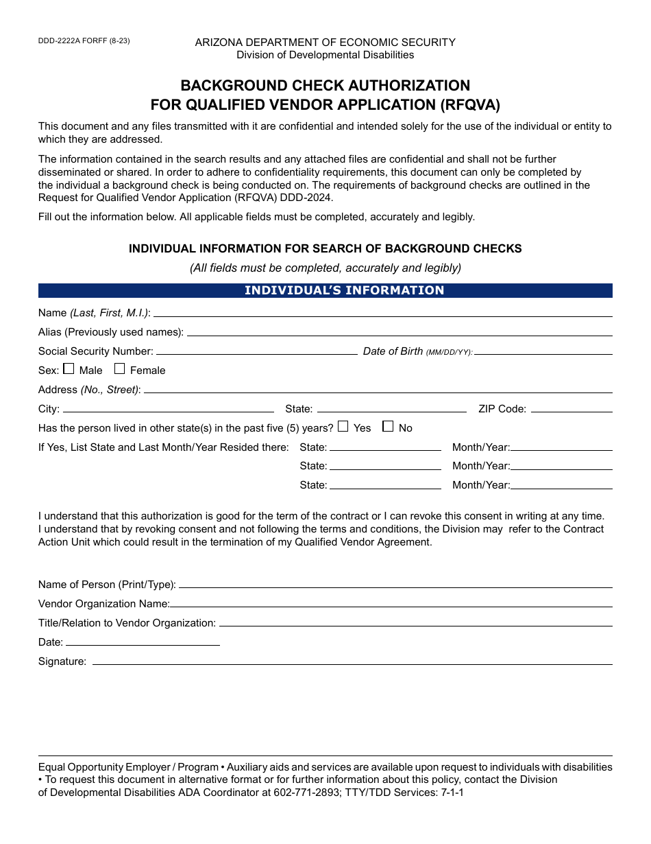 Form DDD-2222A Background Check Authorization for Qualified Vendor Application (Rfqva) - Arizona, Page 1
