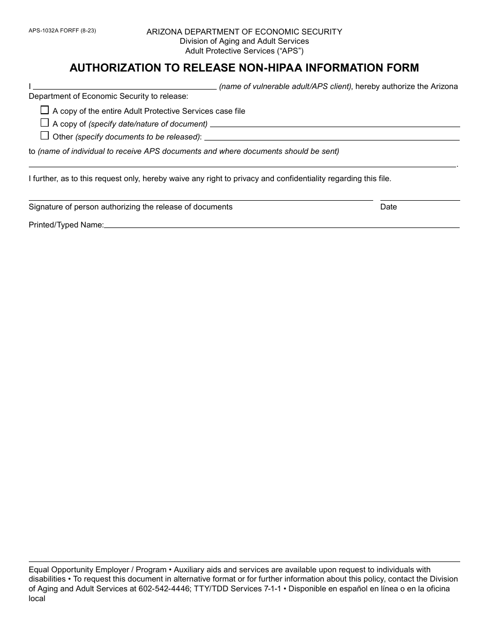 Form APS-1032A Authorization to Release Non-HIPAA Information Form - Arizona, Page 1
