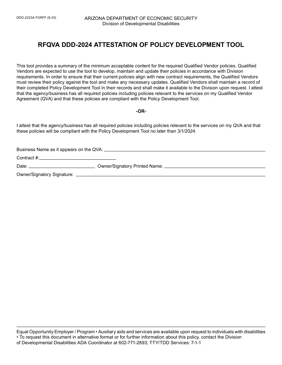 Form DDD-2223A Rfqva Ddd-2024 Attestation of Policy Development Tool - Arizona, Page 1