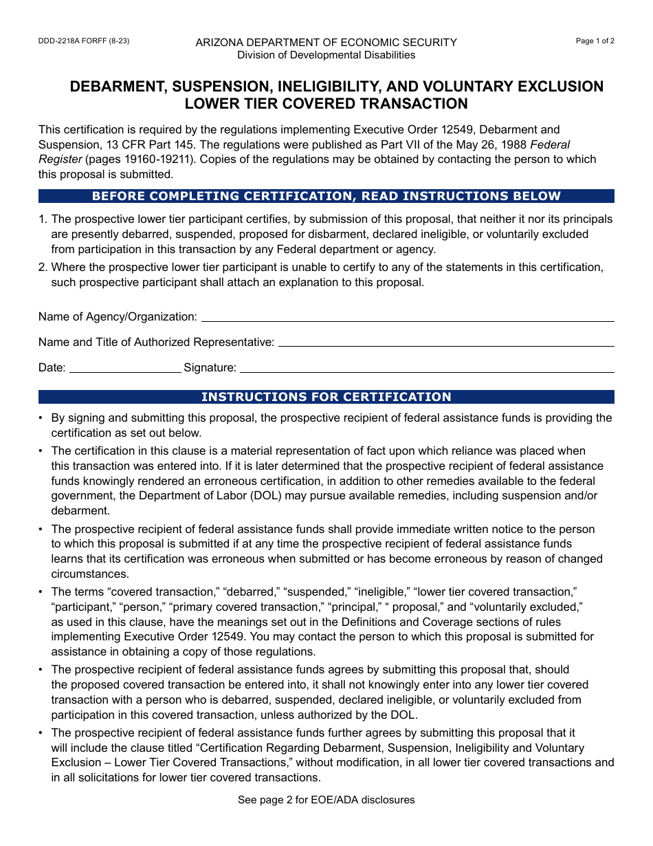 Form DDD-2218A Debarment, Suspension, Ineligibility, and Voluntary Exclusion Lower Tier Covered Transaction - Arizona, Page 1