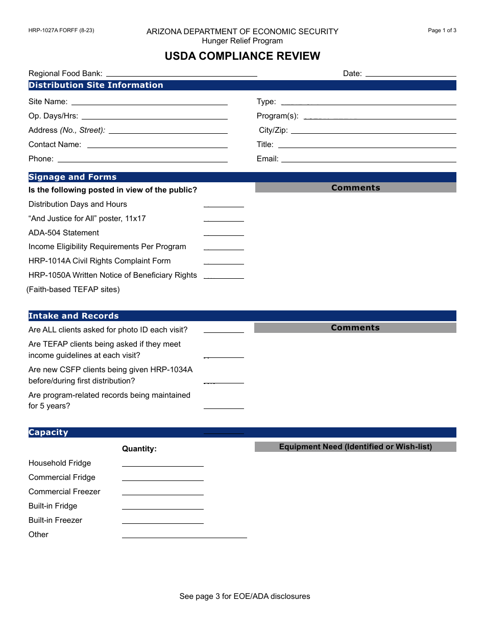 Form HRP-1027A Usda Compliance Review - Arizona, Page 1