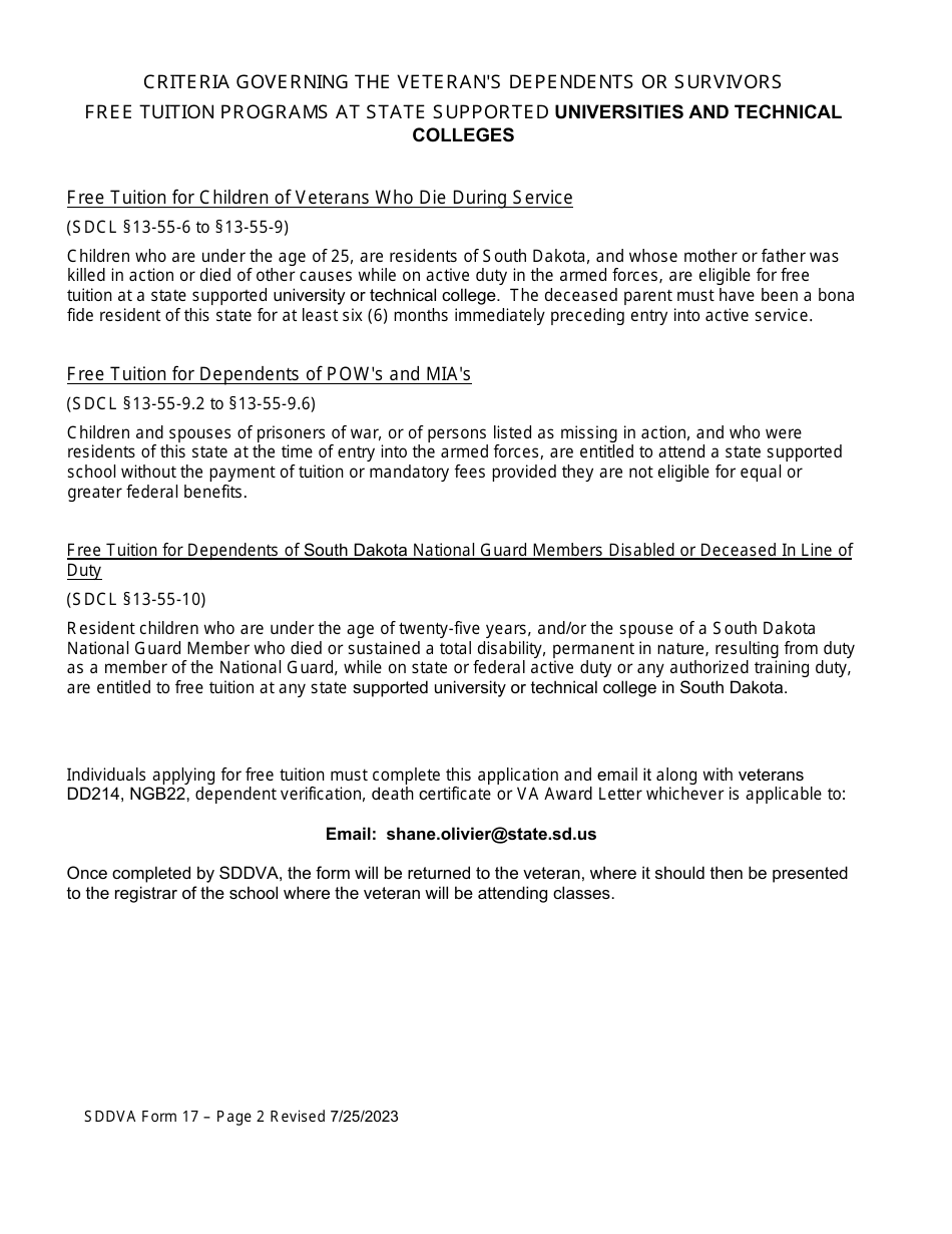SDDVA Form 17 Veterans Dependents or Survivors Application for Free Tuition at State Supported Universities and Technical Colleges - South Dakota, Page 2